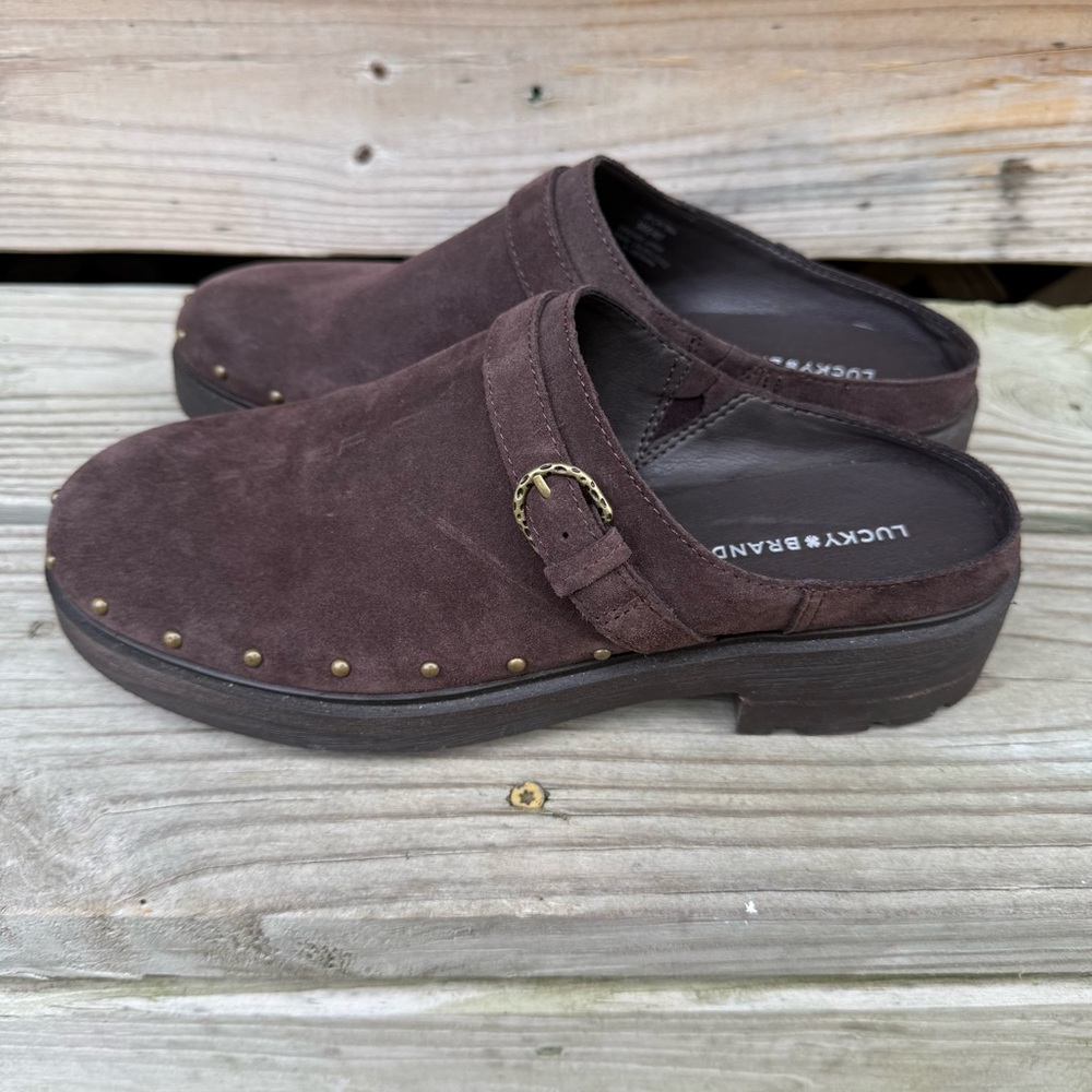 Lucky Brand Mules Brown Suede Platform Clogs Caytina Lug Outsole Studded 9 M